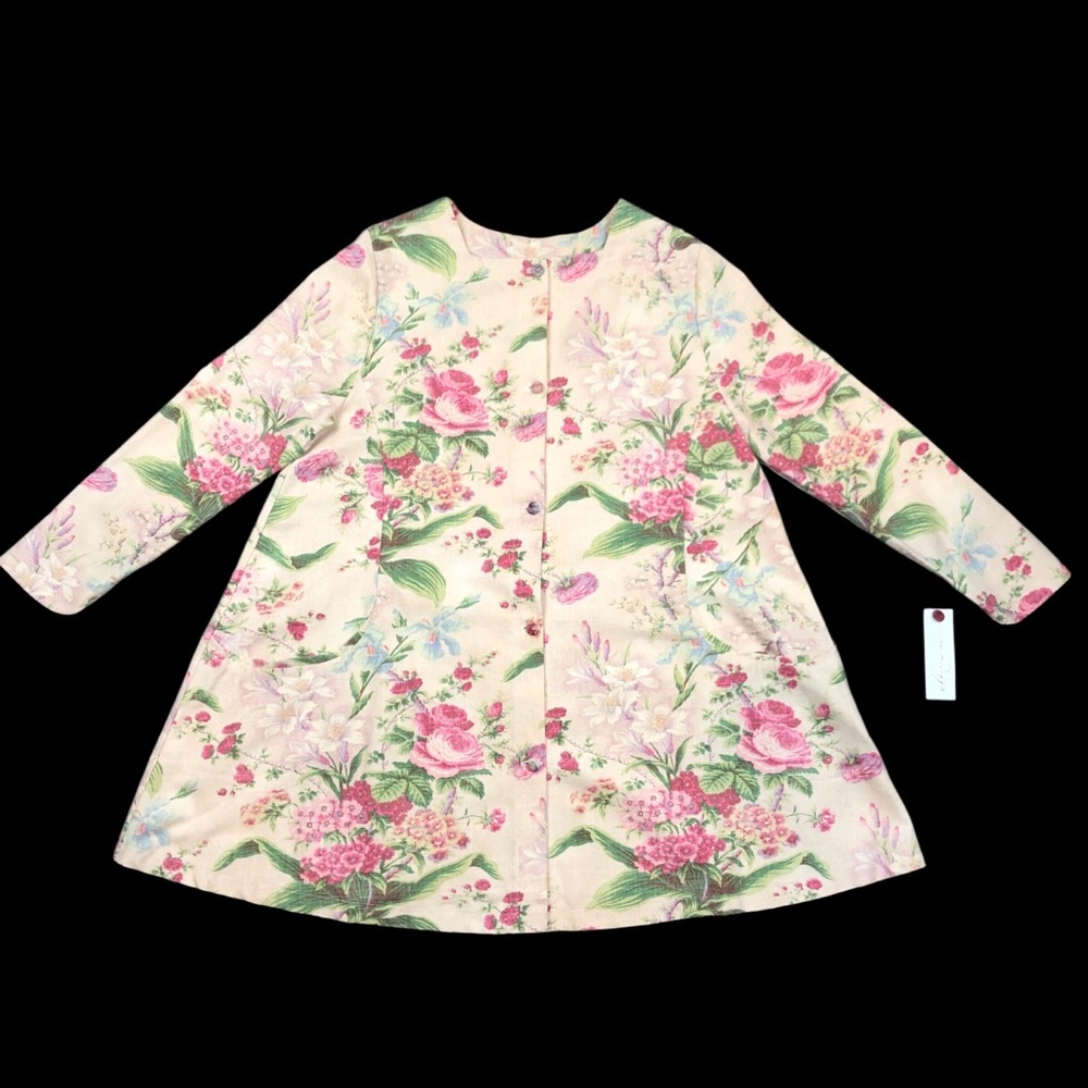 Susan McDuffie Cotton Rose Pink Floral A Line Smock Dress Jacket Pockets Sz S/M